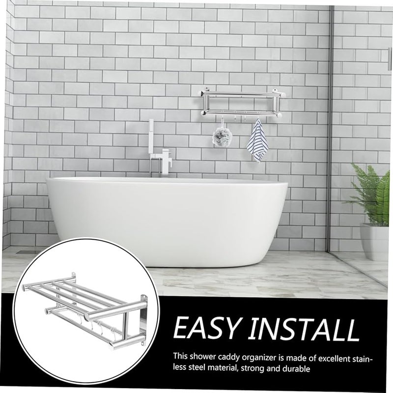 Stainless Steel Foldable Wall Mounted Towel Rack Shower Organizer Bathroom Shelf - Image 2